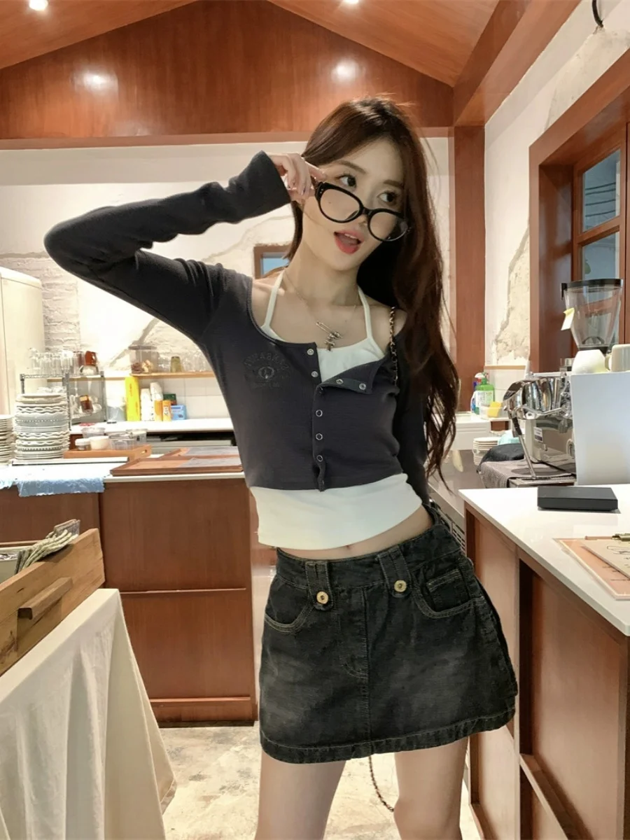 Retro American Design Long Sleeve Slim Fit Neck Hanging T-Shirt Women Early Autumn Short Style Belly Show Trendy Top