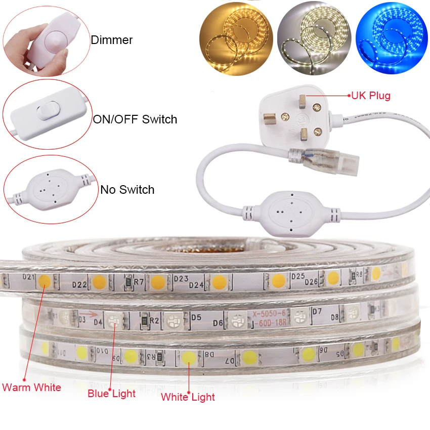 SMD 5050 LED Strip AC220V Flexible Lights 60LEDs/m Waterproof Led Tape Light With UK Power Plug/Switch/Dimmer Outdoor Home Decor