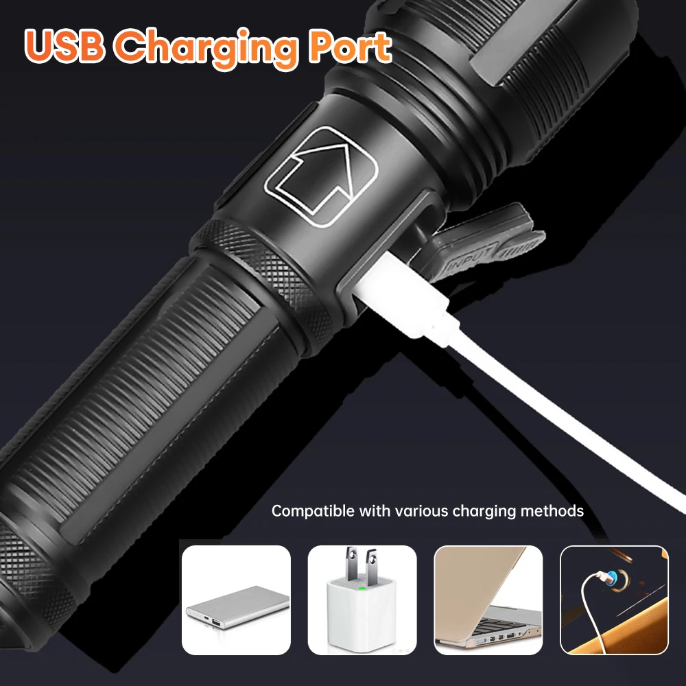 XHP70 Powerful Flashlight Aluminum Alloy Zoom Electric Torch Waterproof USB Charging Long Range Flashlight for Outdoor Camping