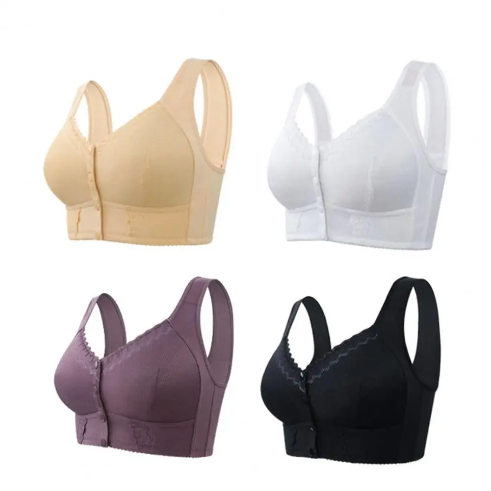 

Wire-free Support Brassiere Wireless Full Cup Lace Splicing Bra Comfortable Front Button Closure for Middle-aged Elderly Women