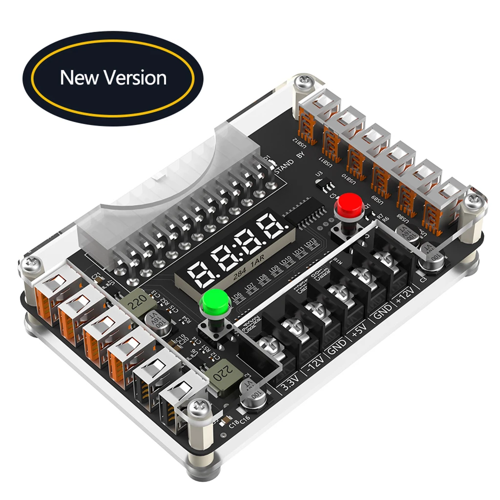 ATX 24Pin Power Supply Breakout Board and Acrylic Case Kit with 3.3V 5V 12V Output Voltage and 12 ports USB, 3A Maximum Output