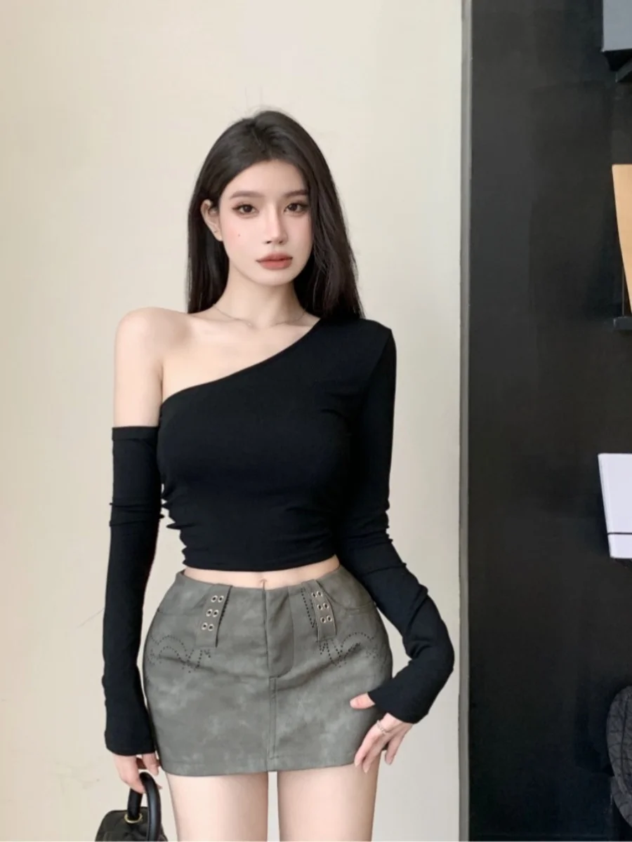 Sexy Slim Fit ort Sve Asymmetric T-irt Women's Commute Sle Pure Color Polyester Fiber 00% Small Batch Trendy Top