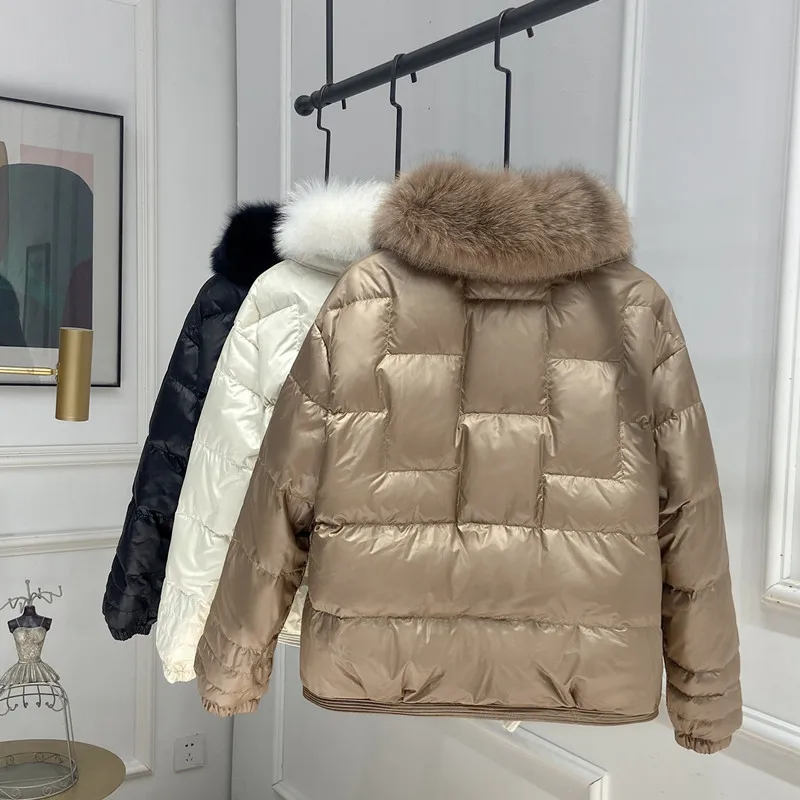 2023 Real Fox Fur Collar Winter Women 90%White Duck Down Jacket Ladies Short Warm Puffer Coat Female Loose Vintage Parka