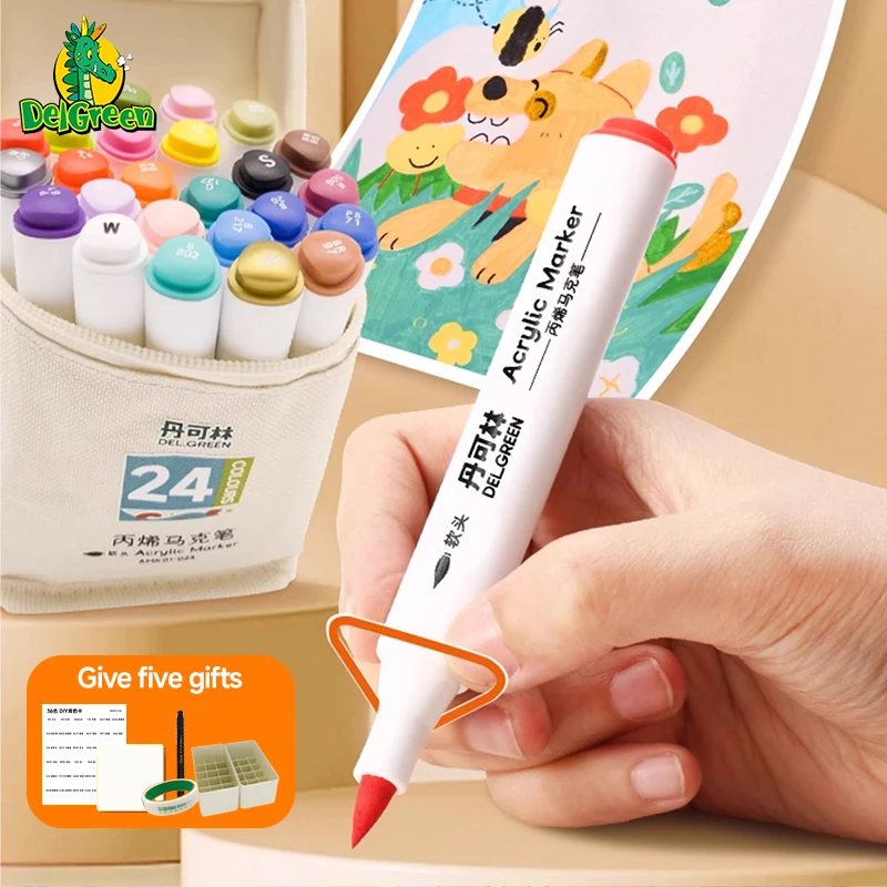 Delgreen Acrylic Markers Pen Set Art 24/36/48colors for Painting Kid Chirldren Water-proof Student Scholl Supplies Stationery