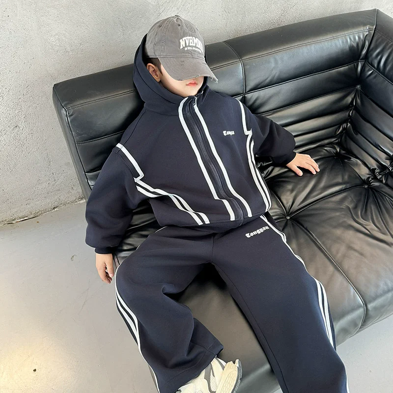 2026 SpringAutumn Boys Navy Striped Zip Sweatshirt Jacket+Sweatpant Work Set School Kids 2PCS Tracksuit Children Jogger Outfit