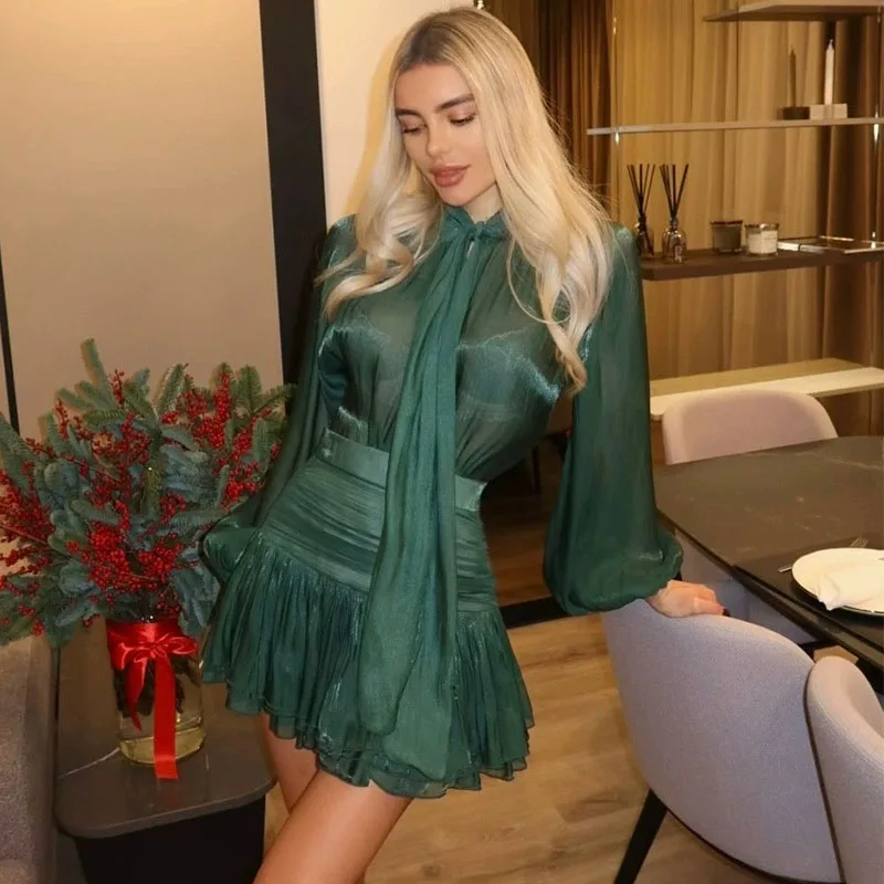 Women's 2025 new fashion bow tie top high waist pleated skirt casual 2-piece set