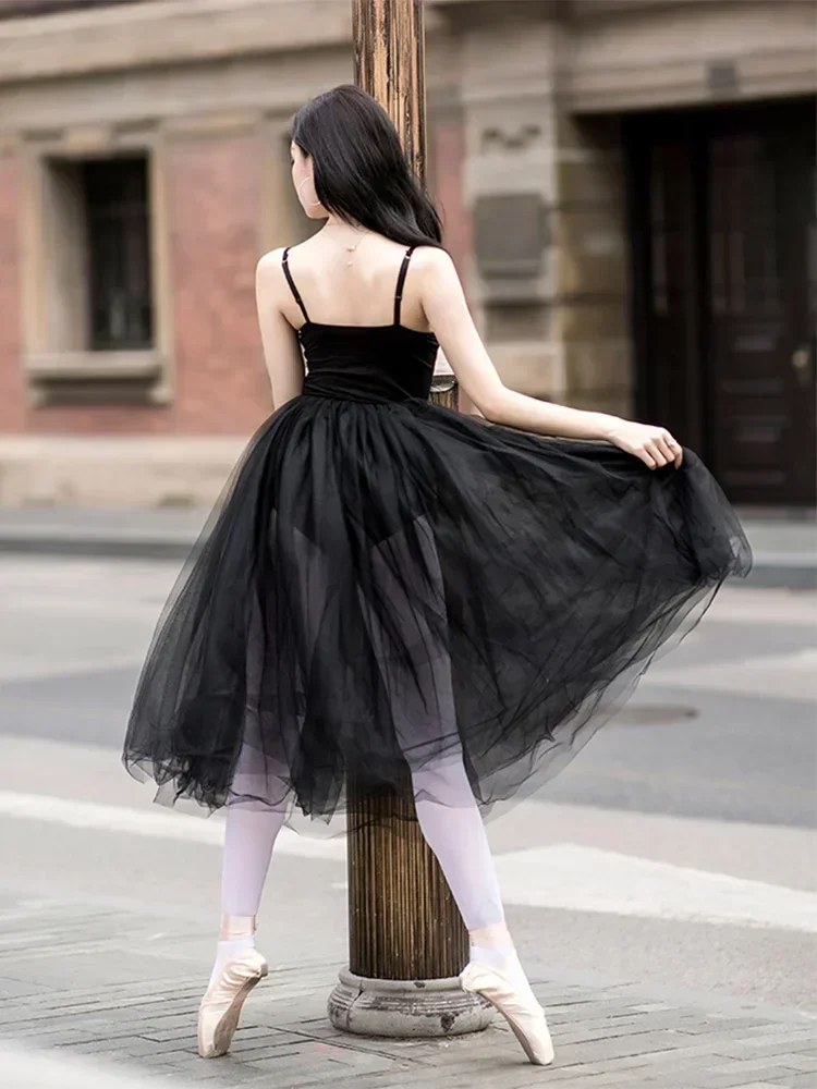 Wit Zwart Mesh Kant Ballet Dansen 80 CM Lange Tutu Verborgen Elastische Taille Tule Rok Volwassen Ballerina Bal Rokken groothandel