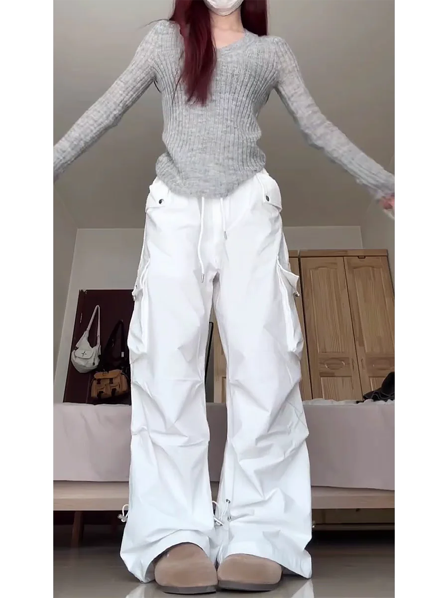 아메리칸 레트로 워크 팬츠, 여성 디자인 센스, 화이트 캐주얼 팬츠, 자외선 차단, 속건성, 와이드 레그, 바이브 패러트루퍼스