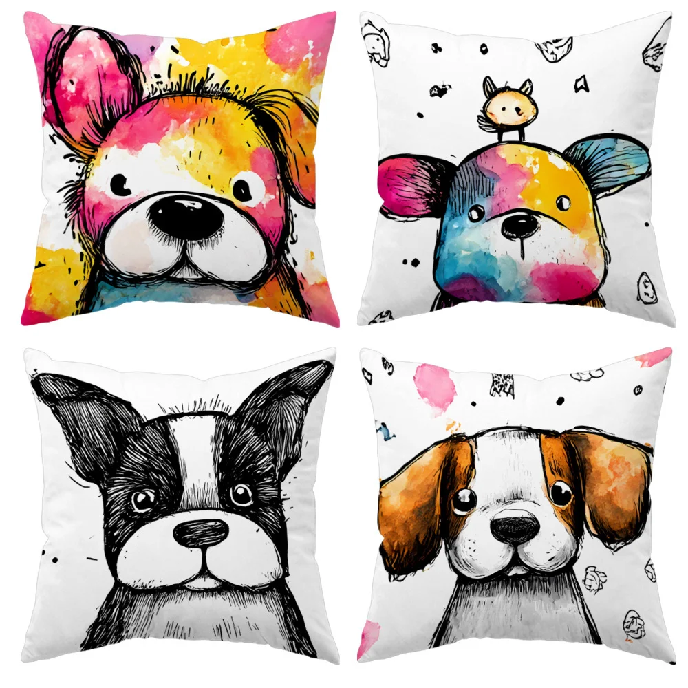 Cute Dog Puppy Illustration Pillowcase Cover 4pcs 40x40cm Set Funny Pet Animal Throw Cushion for Bedroom Home Decoration Gift