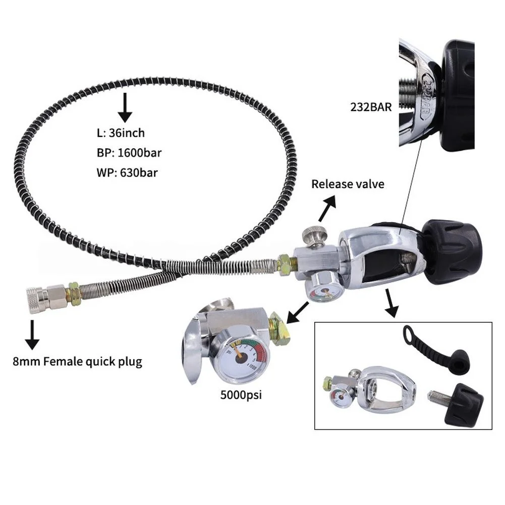 Diving Converter Hose with G5/8 Male Thread and 8 mm Female Quick Connect for Oxygen Cylinder Pressure Monitoring Setup