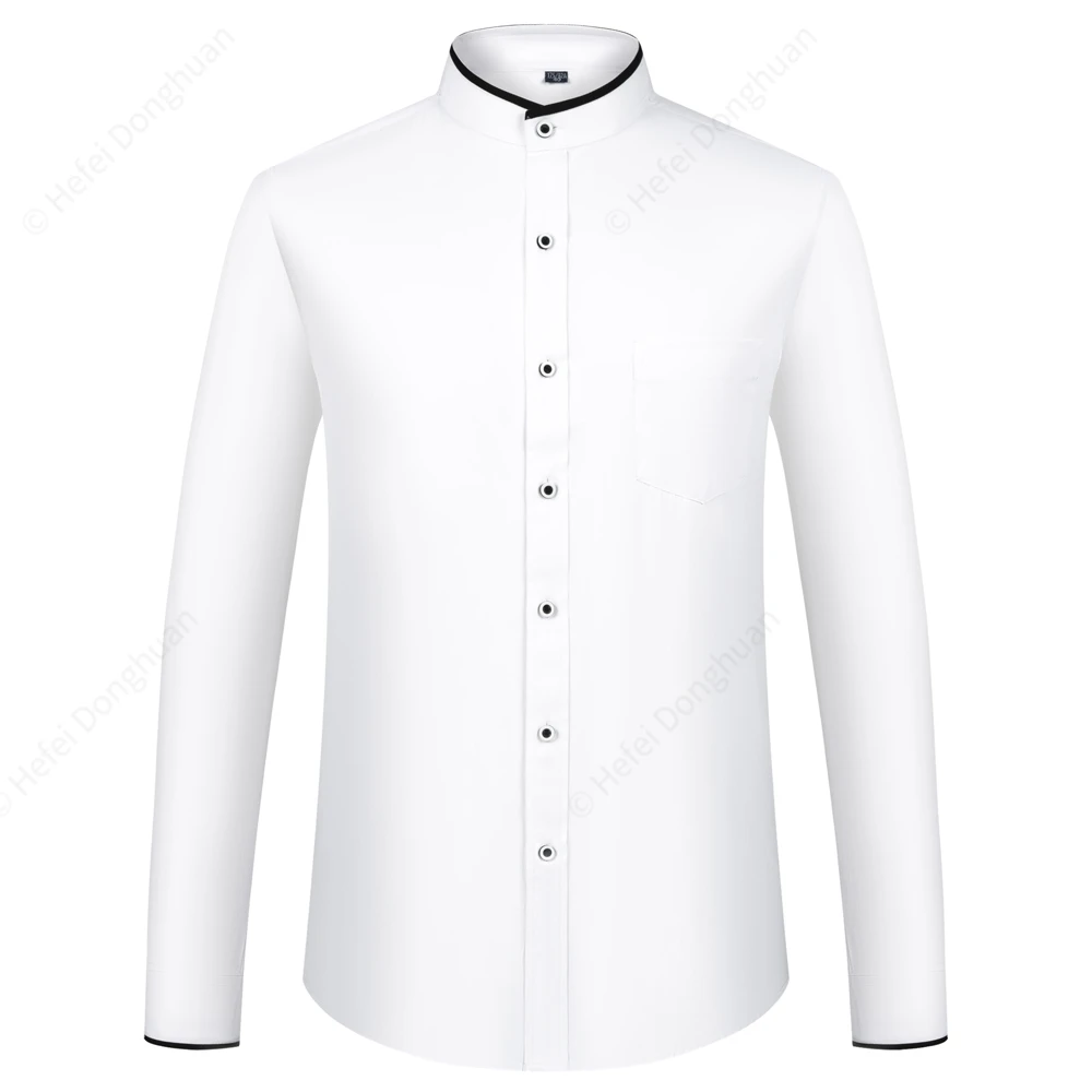 Camisa de manga larga con cuello mandarín para hombre, camisas de vestir de corte Regular con bolsillo en el pecho y parche para actividades de