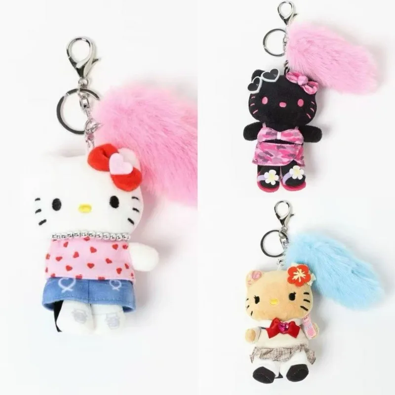 Sanrio Repipi pluche sleutelhanger Hello Kitty luipaard zwarte hanger Y2K cartoon donkere huid pluizige Kitty kat hart gevulde sleutelhanger