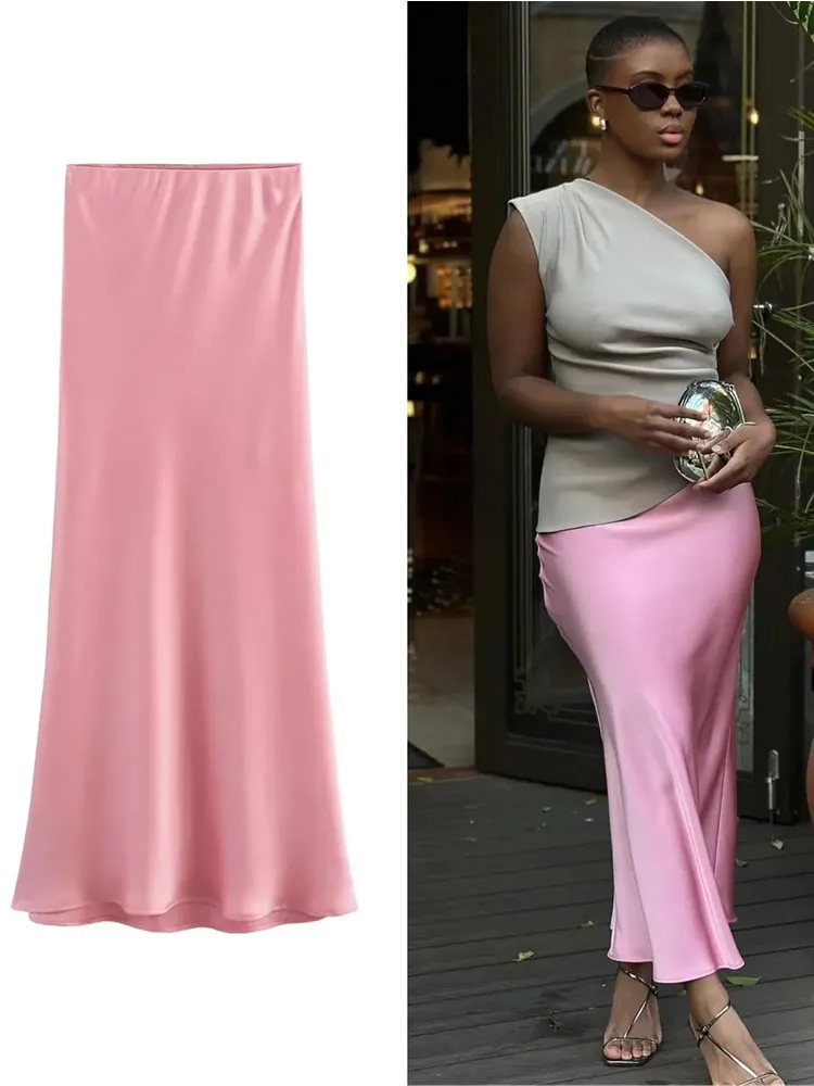 RARA 2025 ซาตินกระโปรงยาวผู้หญิง Draped เอวสูง Midi กระโปรงผู้หญิงฤดูร้อนตรงกระโปรงผู้หญิง Holiday Beach กระโปรงผู้หญิง