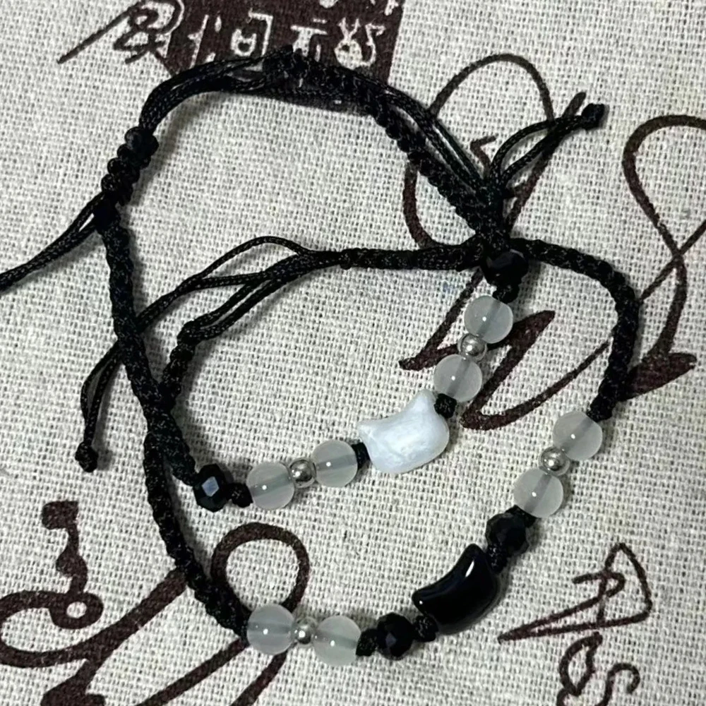 Bracelet chat noir et blanc réglable, pierre de lune coréenne, obsidienne, pour Couple, minimaliste, bijoux de fête, cadeau japonais