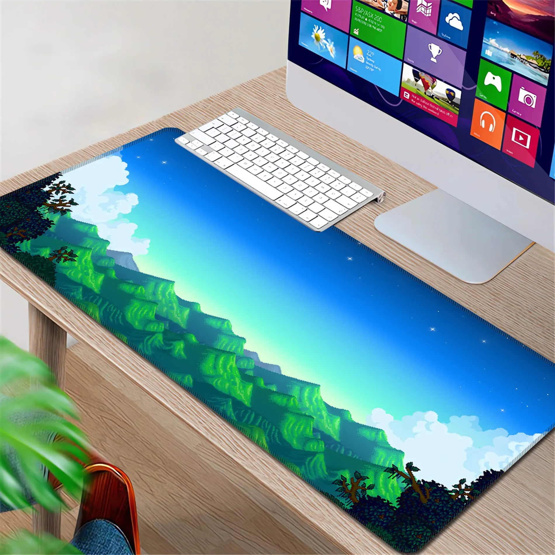 Digital Valley Desk Mat, Stardew Gaming Mouse Pad, Vintage Gamer Desk Mat, Retrowave Desk Decor, Computer Mat with Keyboard