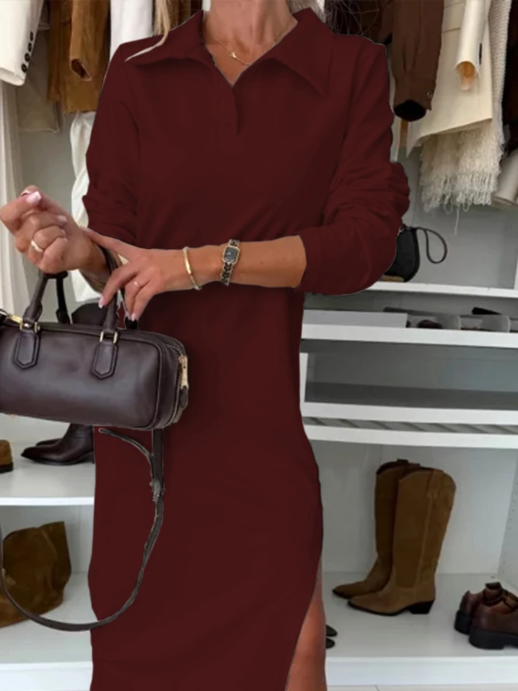 Robe trapèze élégante pour femmes, couleur unie, taille haute, Simple, ample, décontractée, revers, manches longues, robe de trajet, nouvelle collection