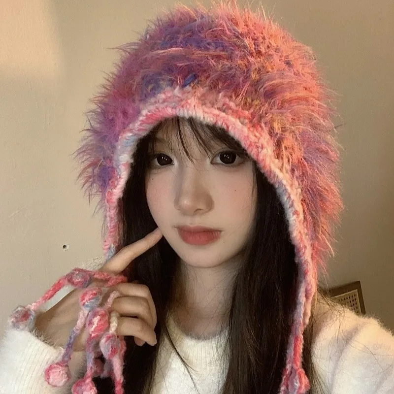 Winter Gradual Change of Color Fringed Pullover Knitted Hat Women's Outdoor Warmth Versatile Ear Protection Fashion Bomber Hats