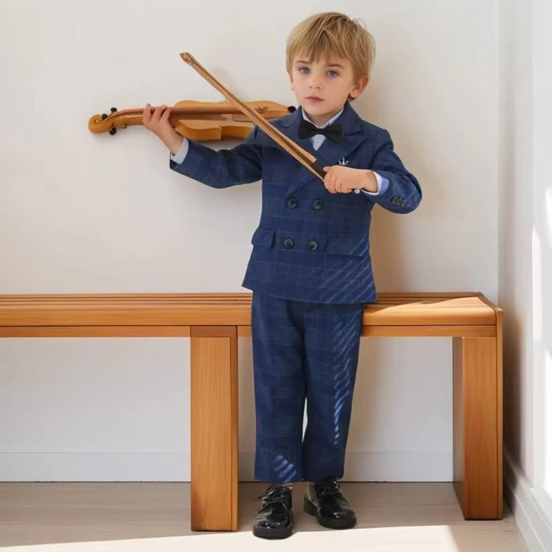 Suit for Boys British Style Host Performance Costume Red Plaid Toddler New Year Blazer Set Handsome Flower Child Wedding Tuxedo