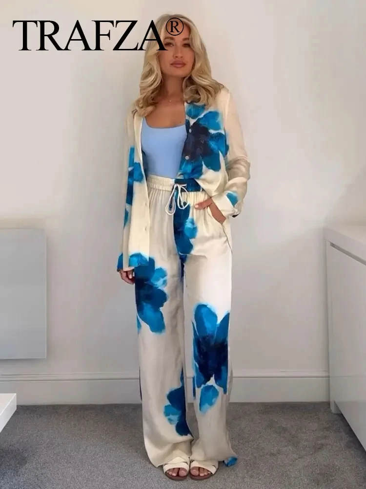 TRAFZA 2024 Summer Female Elegant Floral Print 2 Piece Suit Long Sleeves Lapel Blouse+Drawstring Wide Leg Pants Causal Outfit