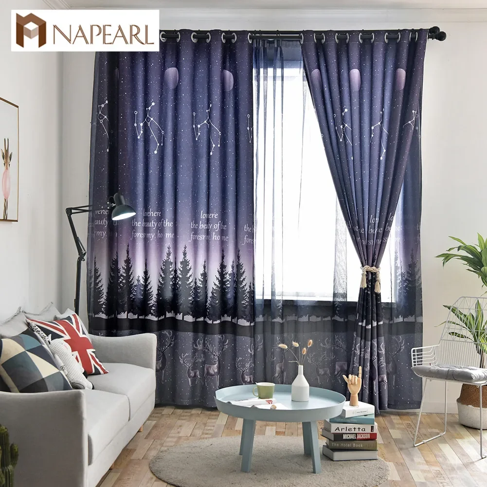 NAPEARL Modern Star Forest Night Pattern Drops Match Sheer Curtains for Kid Bedroom Windows Thread Fabric Elegant Panel