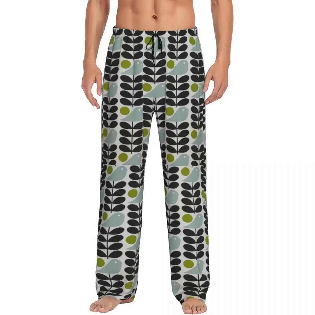 Custom Orla Kiely Scandinavian Multi-Stemmed Birds Flower Pajama Pants for Men Sleep Drawstring Sleepwear Bottoms with Pockets