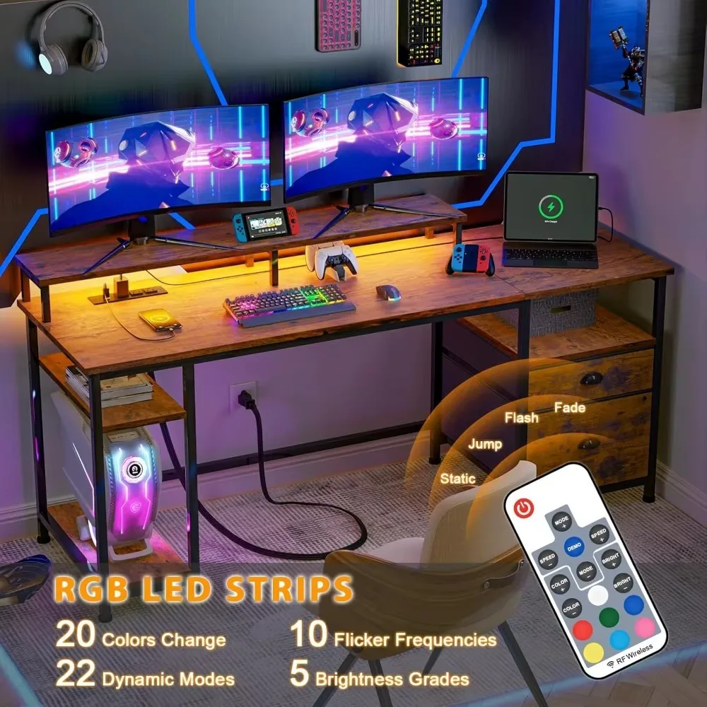 Computer desk with power socket and LED lights with chest of drawers, large reversible gaming table with monitor stand