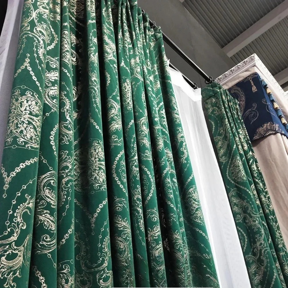 American Retro Dark Green Flannelette Gilding Jacquard Curtains for Living Room Bedroom French Window Finished Products
