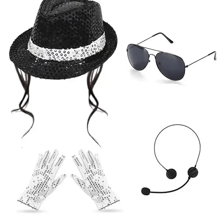 70 80s Superstars Michael Jackson Cosplay Prop MJ Hat with Wig Glove Glasses Set Fans Performance Costume Birthday Dance Gifts view 5