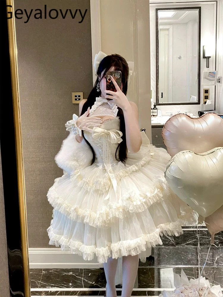 Vestido de fiesta sin mangas con hombros descubiertos, estilo princesa, cintura alta, ajustado, con tirantes de satén, cuello Halter, adelgazante, estilo Lolita