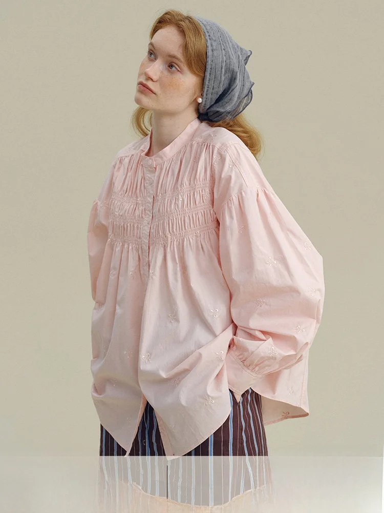 

Rina Berry Pink irt Knot Embroidery Design Loose Slimming Early Autumn Youthful Cotton Casual Sle Women's irt