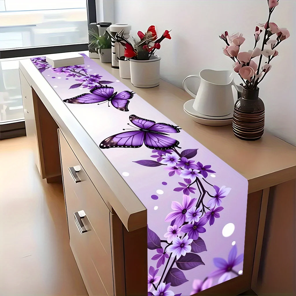 2D Flat Purple Couple Butterflies Print Polyester Table Runner Kitchen Restaurant Holiday Party Desktop Table Decor