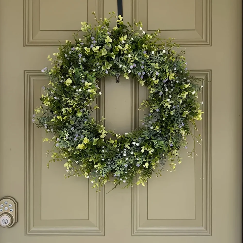Green Leaf Blue Ribbon Artificial Floral Wreath Ring For Easter Spring Summer Home Garden Wall Door Decor
