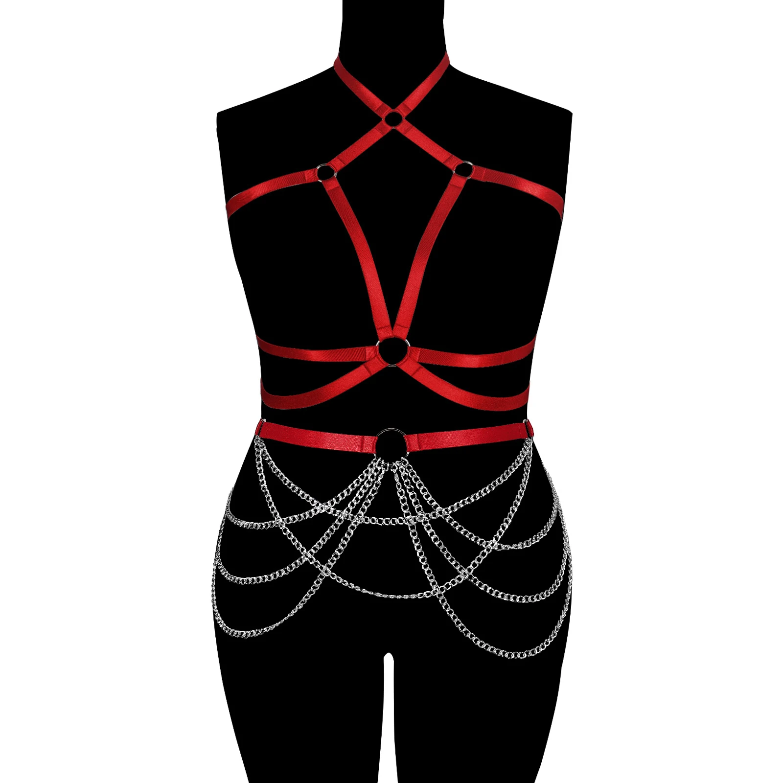 

Goth Bondage Cosplay Wear Full Sexy Red Body Harness Set for Women Chain Garter Harness Chest Bra Erotic Rave Dance