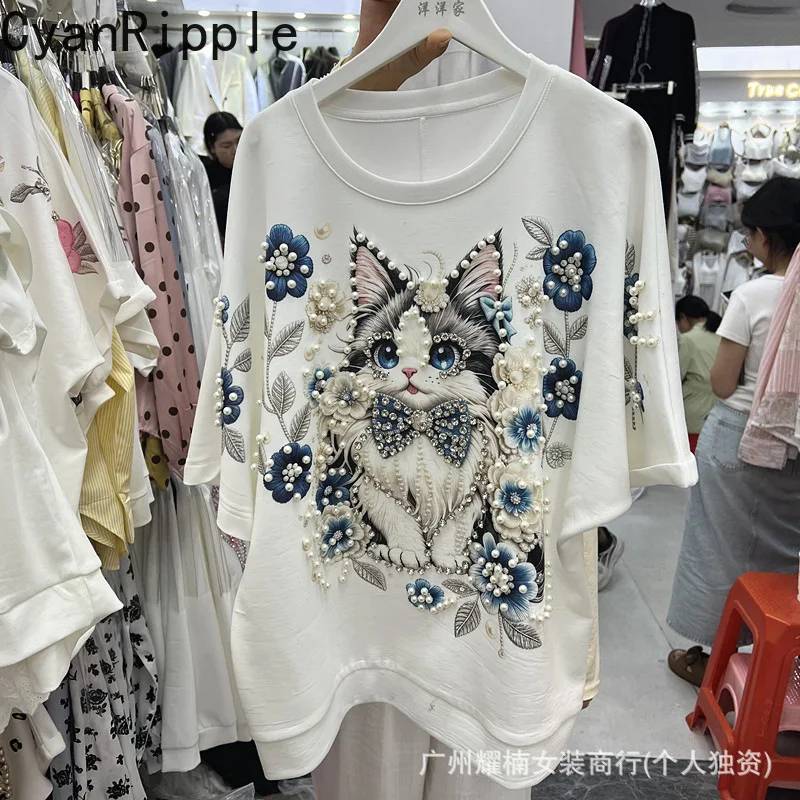 2026 New Spring Summer Loose Women Short Sleeve T-shirt Fashionable Diamonds Beads Cartoon Printed Round Neck Pullover Tops
