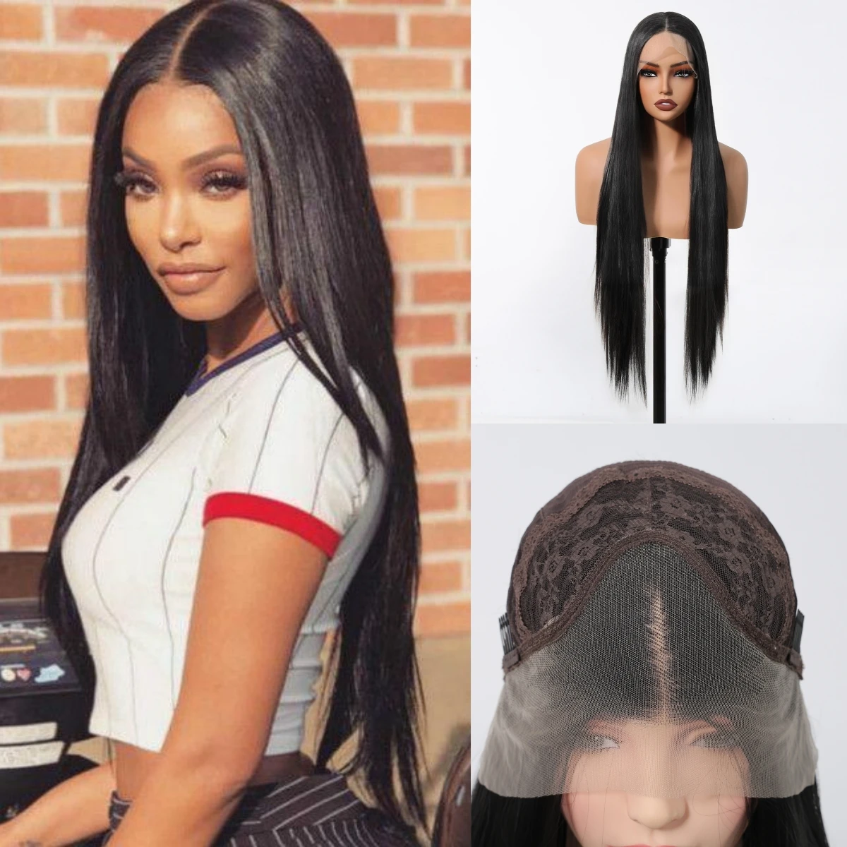 

13*3.5 Lace Front Wigs Synthetic Hair Black 30inches Long Layered Straight Hair Wigs Heat Resistant Fiber Wig for Daily Cosplay