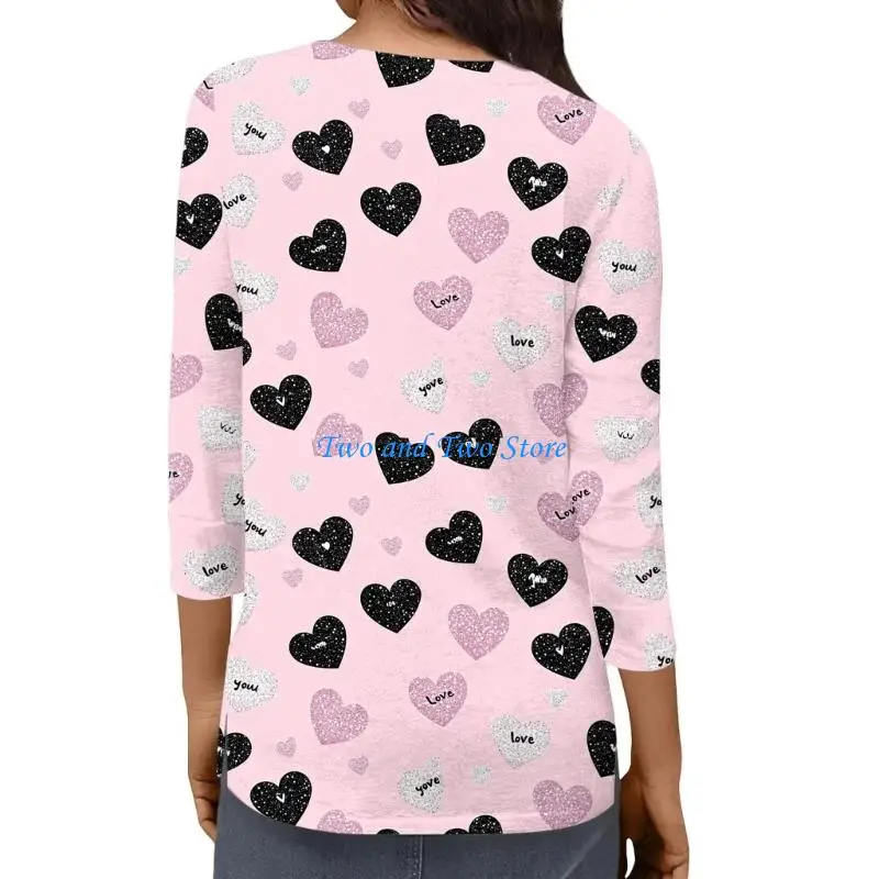 

HX6F Women's Valentine's Day Heart Print Three-Quarter Sleeve Casual T-Shirt