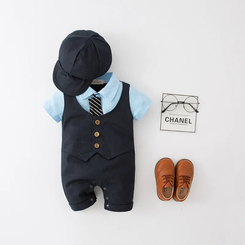 Toddler Baby Boy Sky Blue Romper With Tie Vest Gentleman Formal Baby Bodysuit Summer Newborn Crawling Outfit Suit for Party