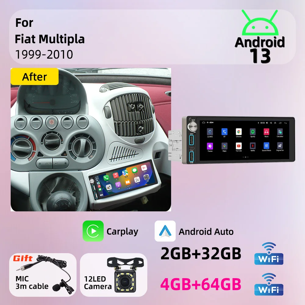 1Din Car Multimedia for Fiat Multipla 1999-2010 Android Car Stereo 6.86 inch Screen Carplay GPS Autoradio Radio Head Unit