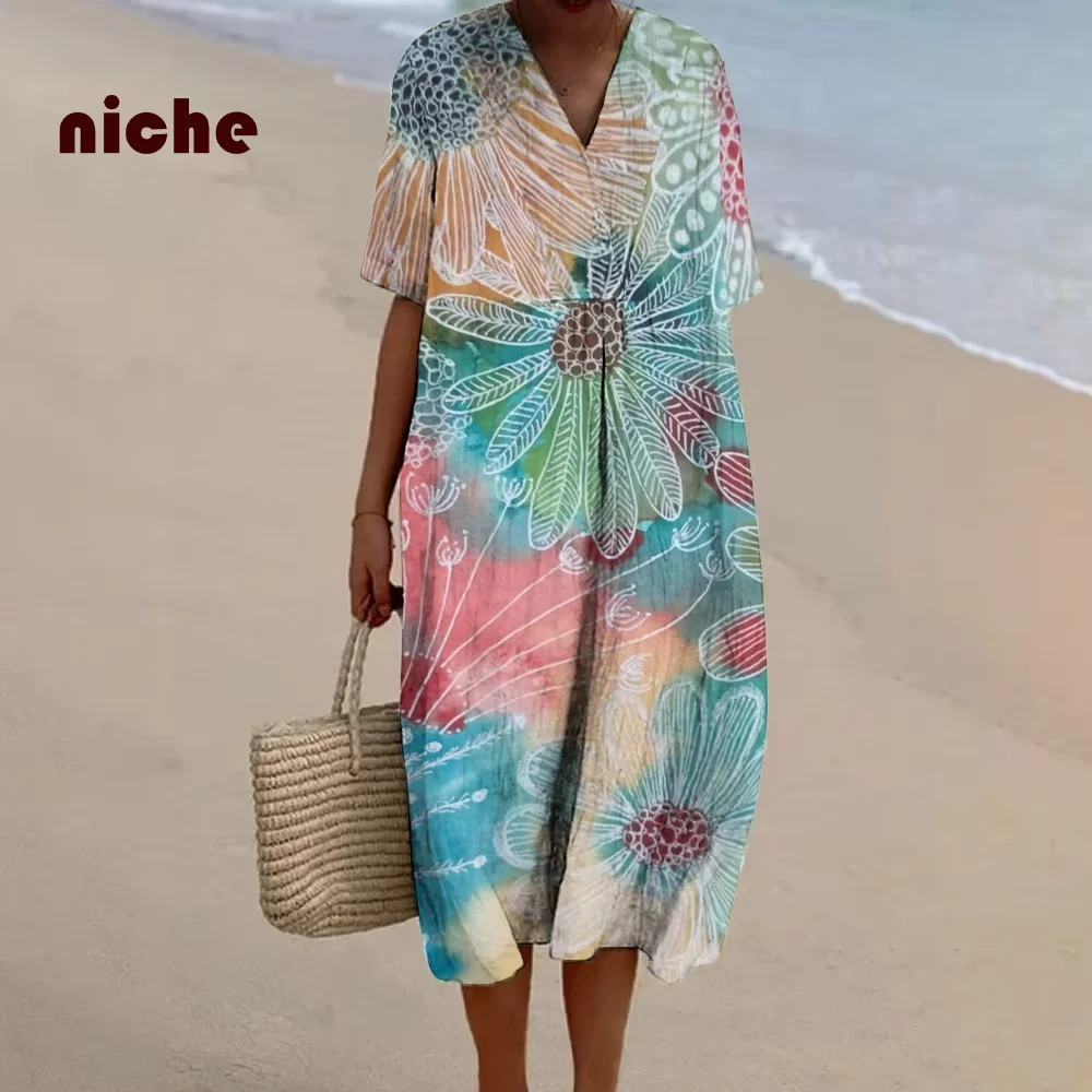 Farbe verschmiert ärmelloses Damenkleid Blumengrafikdruck Baumwolle und Leinen Hochwertiger Modetrend Neuer Strandrock