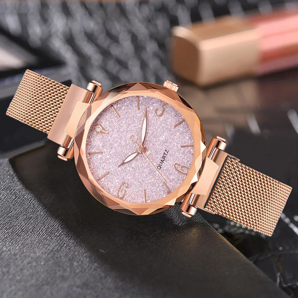 Hot Sales Women Watch 2022 Mesh Steel Ladies Quartz Wristwatch Rose Gold Starry Sky Rhinestone Watches Woman Female Gift Clock