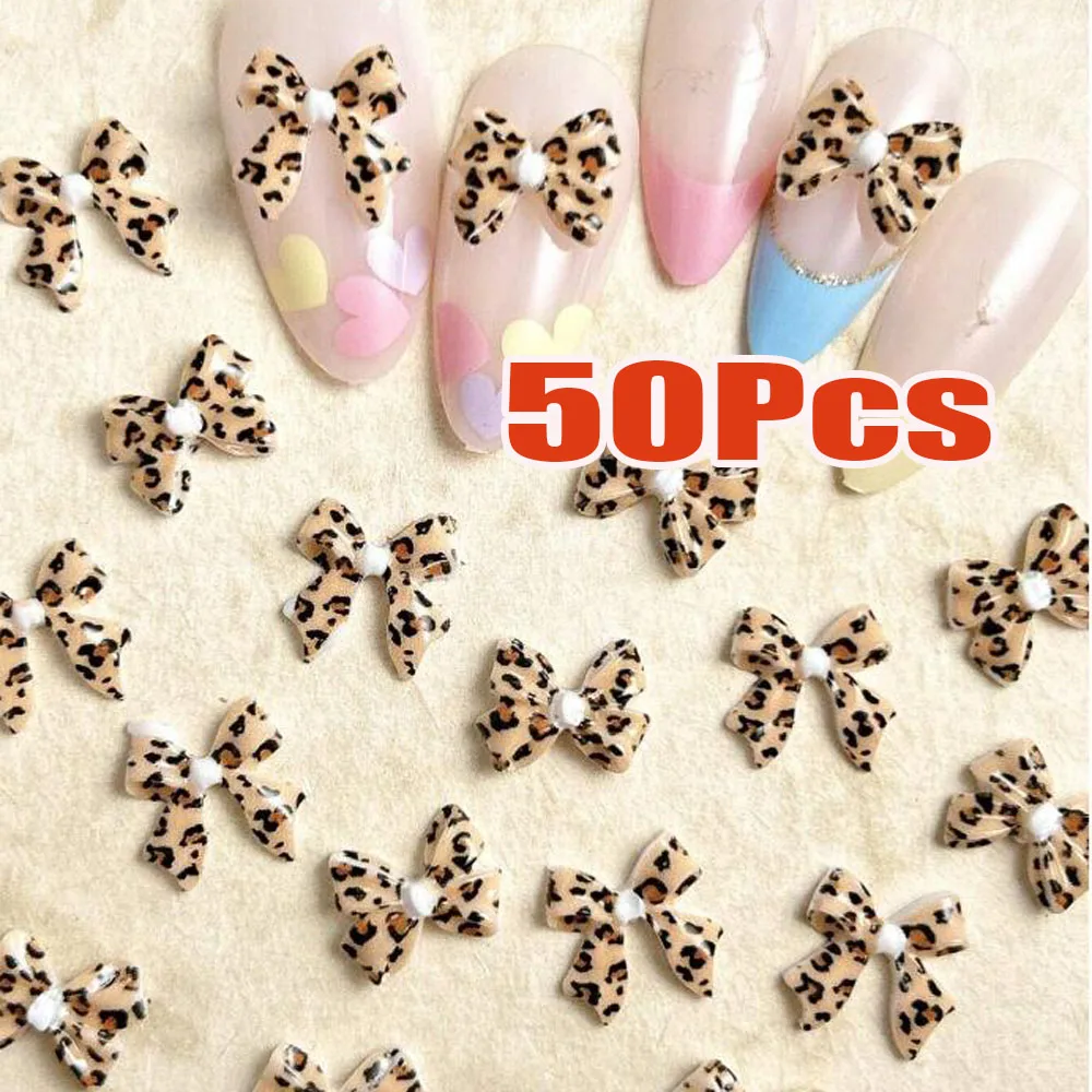 50Pcs/bag Maillard Brown Ribbion Bowknot Nail Charms 8x10mm Classic Leopard Print Bow Tie Nail Decor DIY Kawaii Bow Nail Part