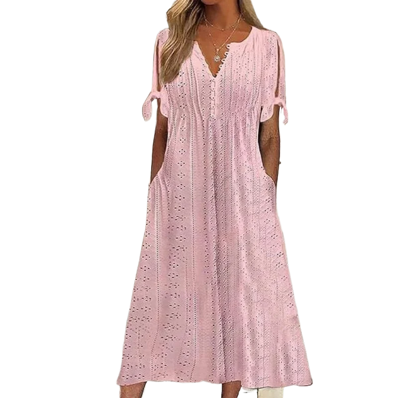 

Женское повседневное платье миди с v-образным вырезом и пуговицами, с короткими рукавами, лето-осень 2022, женские однотонные платья с карманами для отдыха