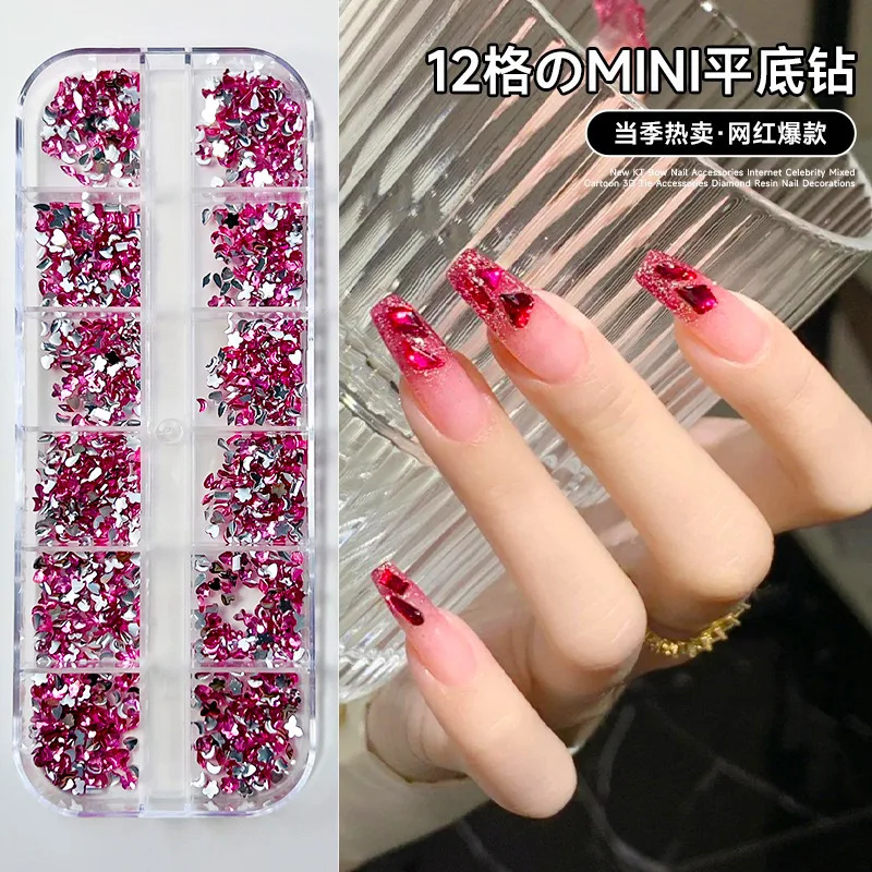 12 그리드 핑크 혼합 네일 라인 석 럭셔리 네일 참 반짝이 크리스탈 쥬얼리 보석 네일 아트 장식 DIY 매니큐어 라인 석