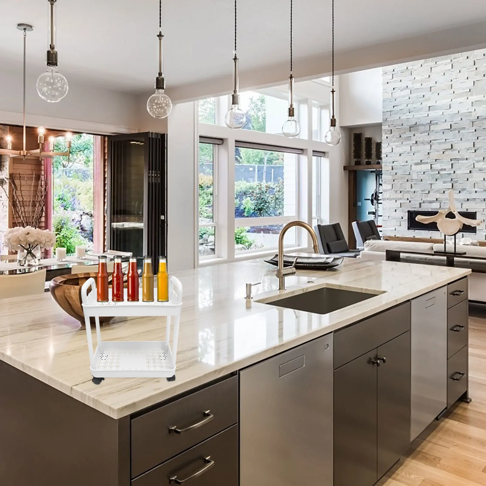 

2-Tier Rolling Storage Cart Portable White Utility Cart Trolley for Kitchen Bathroom Laundry Room Organizer with Wheels