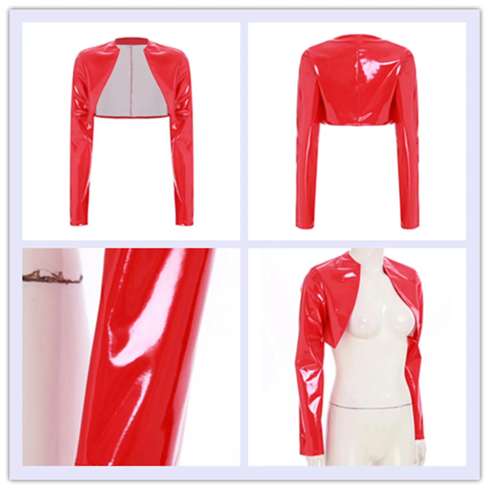 

Womens Pu Learher Latex Cropped Jackets Tops Open Front Unlined Motor Biker Glossy Cardigan Long Sleeve Crop Tops Short Jackets