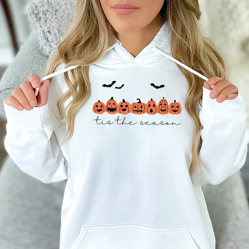 

Happy Halloween Pumpkins Tis The Beason Hoodies Casual Long Sleeves Hooded Sweatshirts Cool Halloween Women Pullover Tops