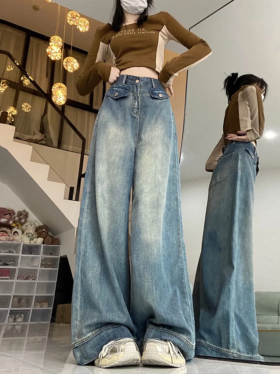 High Waist Wide Leg Jeans Women's Spring Autumn plus Size Vintage Straight Cut Loose Fitting Floor Length Denim Pants