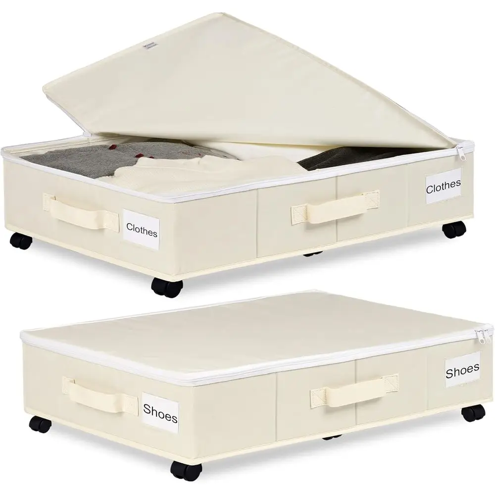 Under Bed Storage with Wheels, 2 Pack Containers for Clothes, Shoes, Blankets, Rolling Organizer with Cover, Beige (30.71x15.7x7