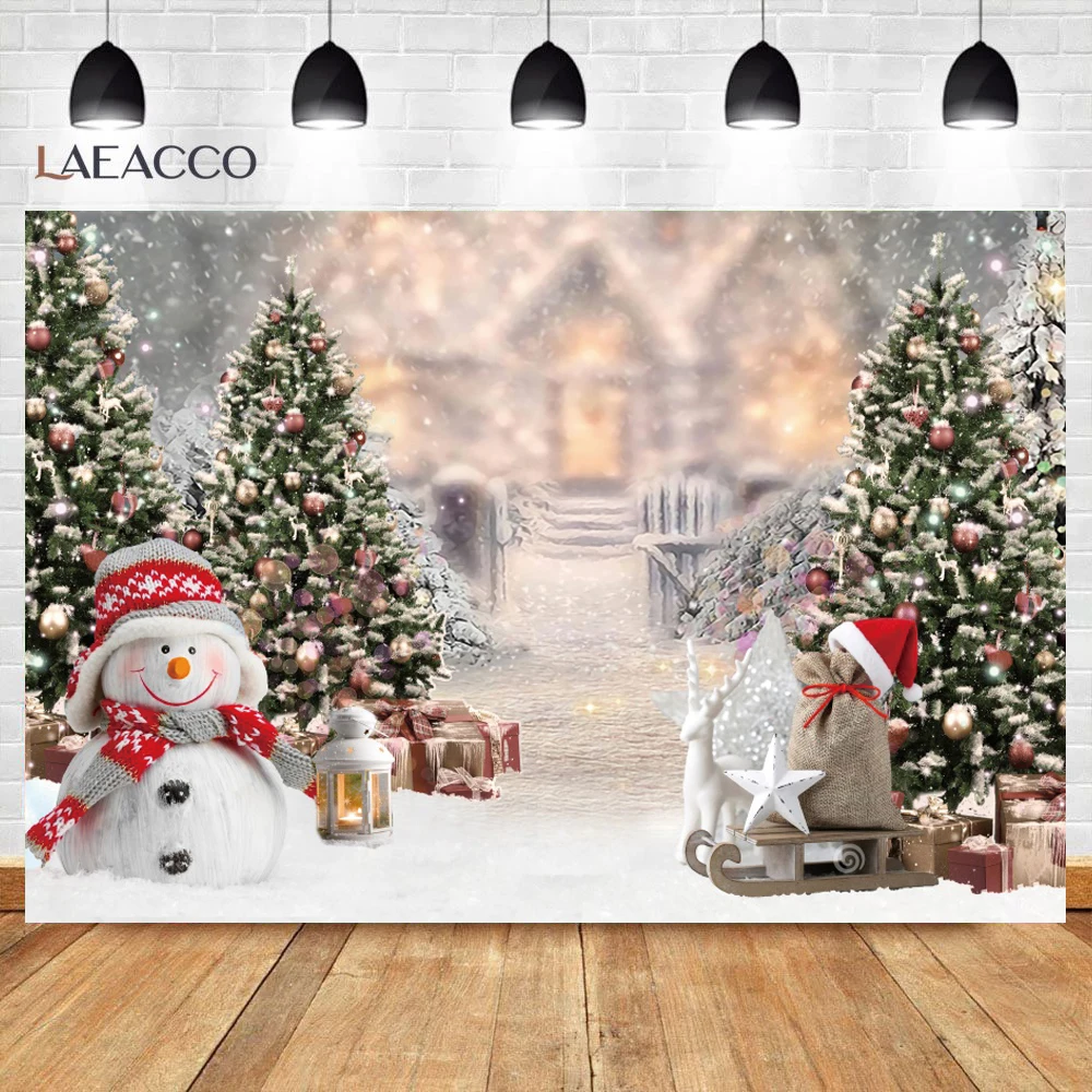 Laeacco Winter Backgrounds For Photography Snow Pine Village Yard Merry Christmas Doll Child Scenic Photo Backdrop Photo Studio