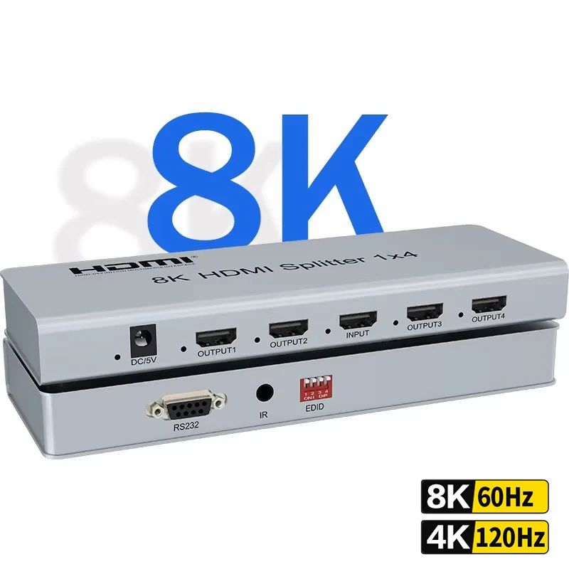 8K 60Hz HDMI Splitter 1 in 4 out 4K 120Hz HDMI 2.1 Video Splitter Distributor 1x4 Duplicate Display Support 40Gbps EDID HDR CEC